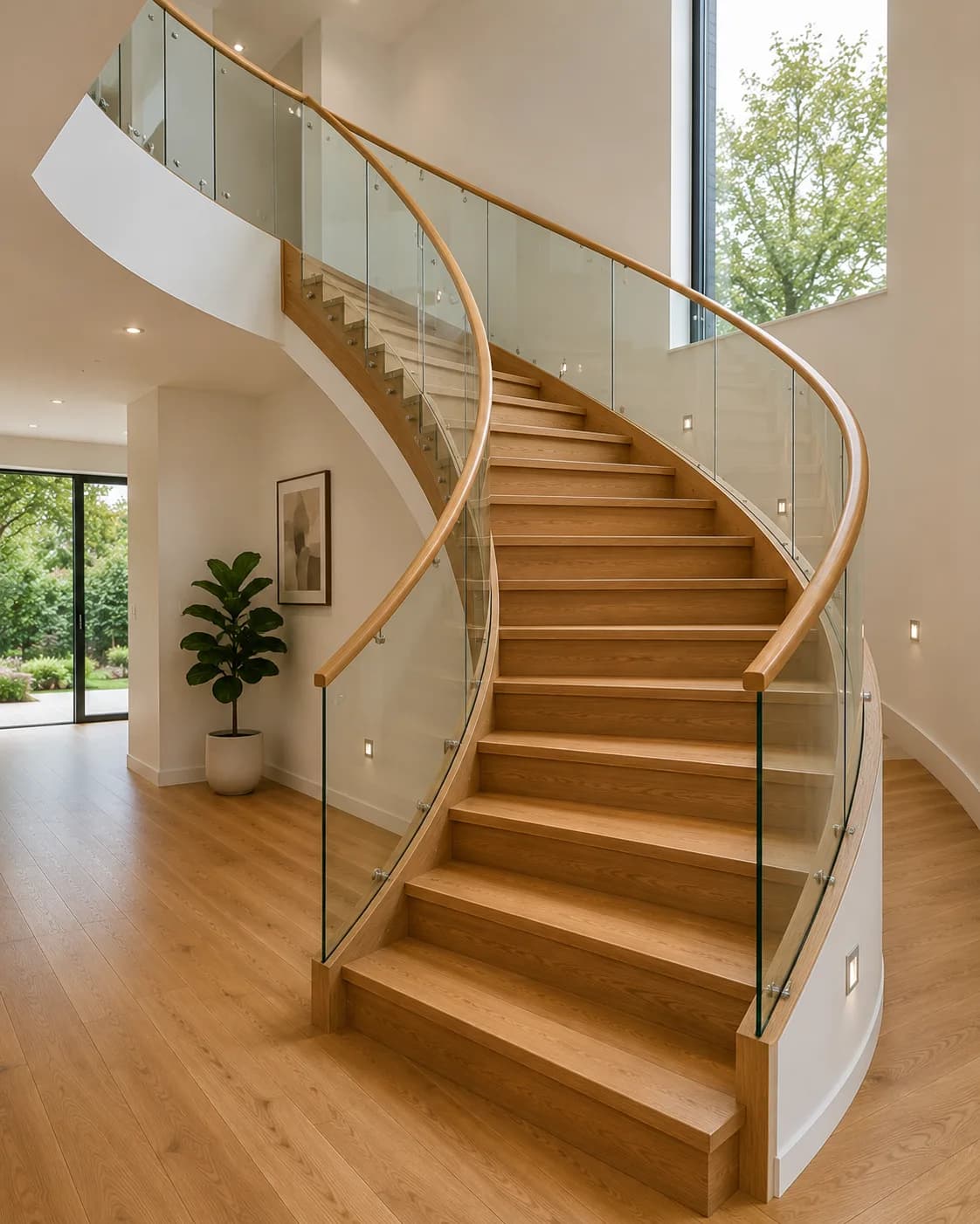 Wooden stringer staircase with solid hardwood treads