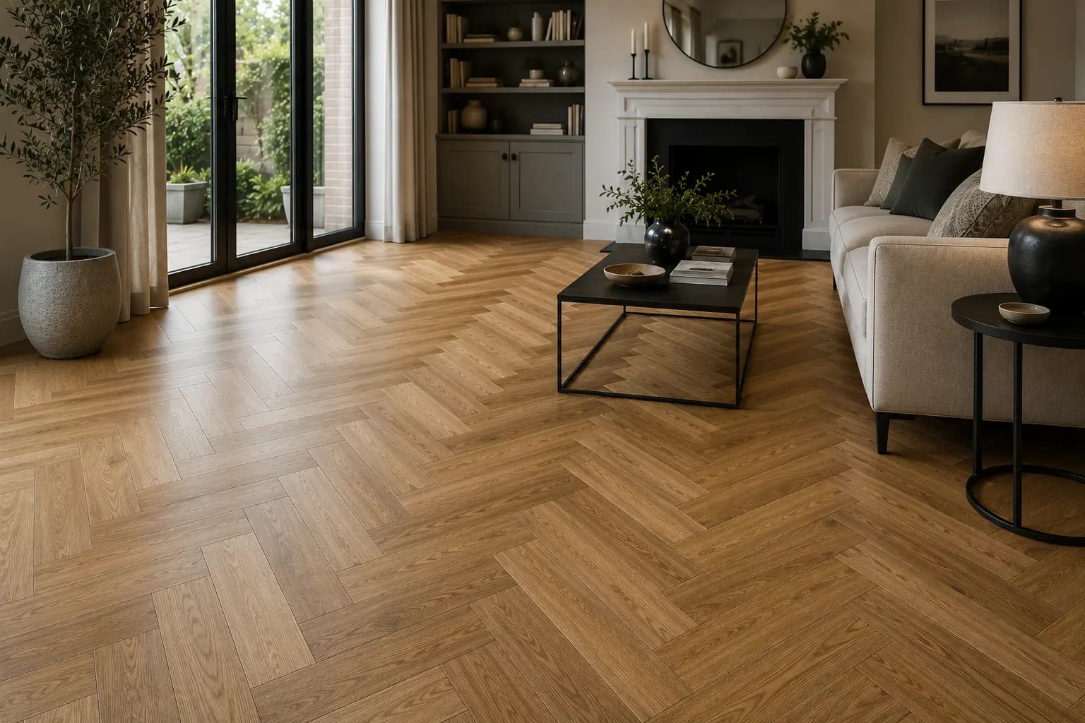 Herringbone parquet hardwood flooring in an elegant hallway