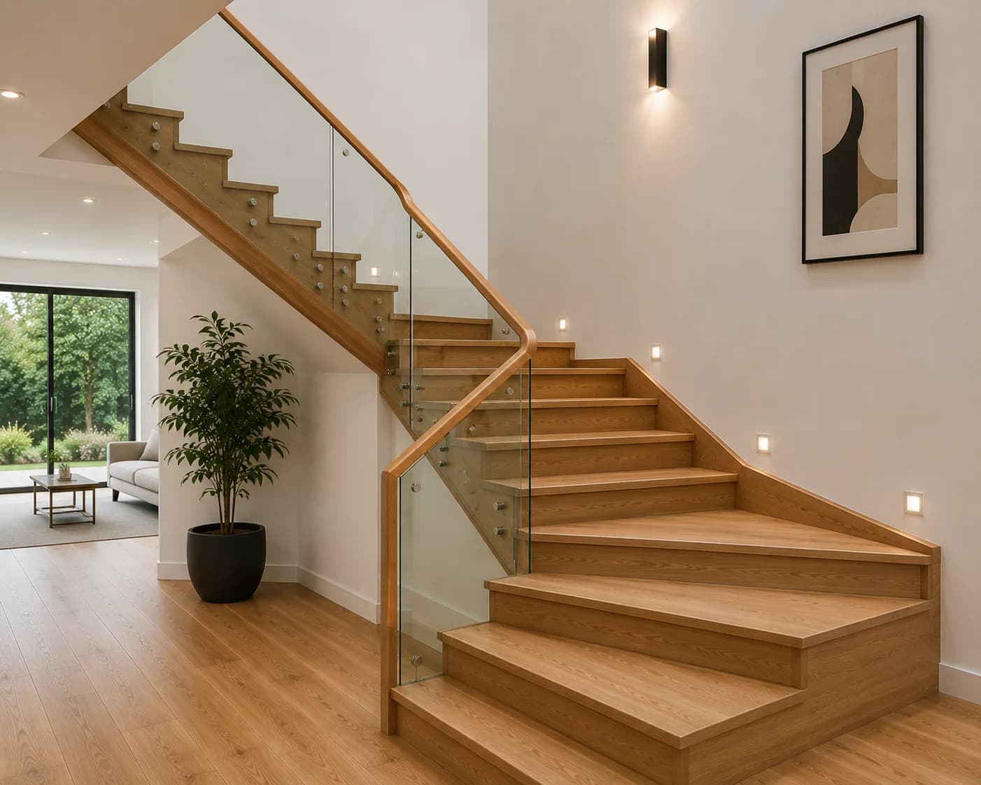 Wooden winder staircase with fan-shaped tapered treads at corner turn