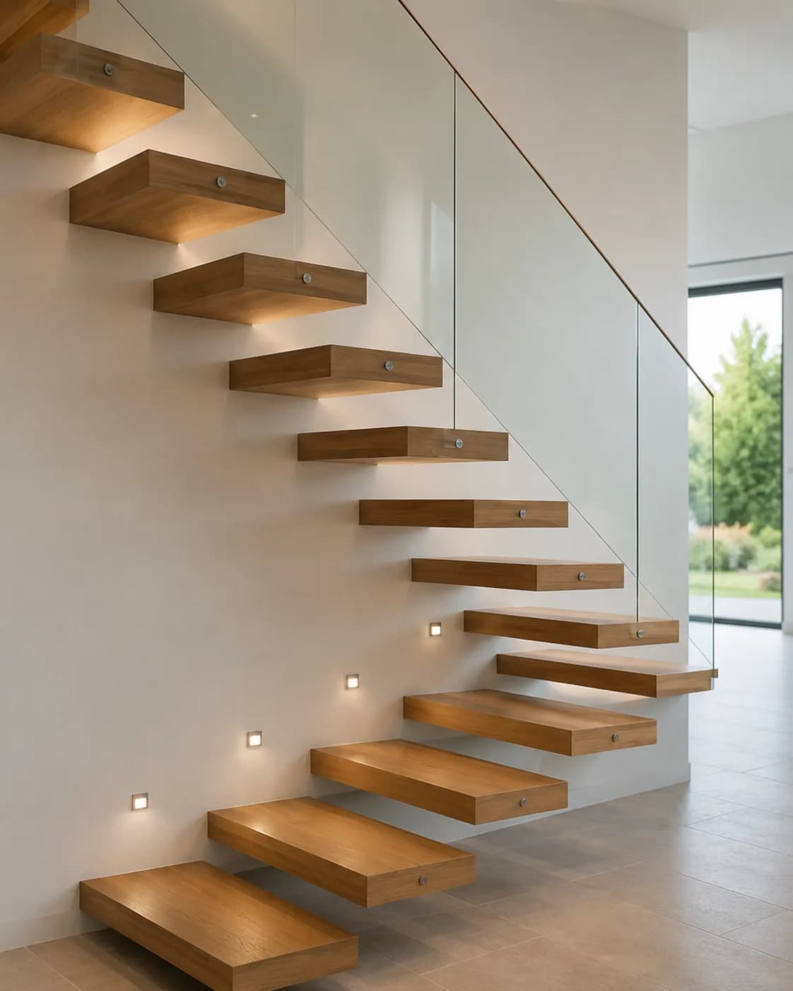 Cantilever floating wooden stairs fixed into wall with no visible support