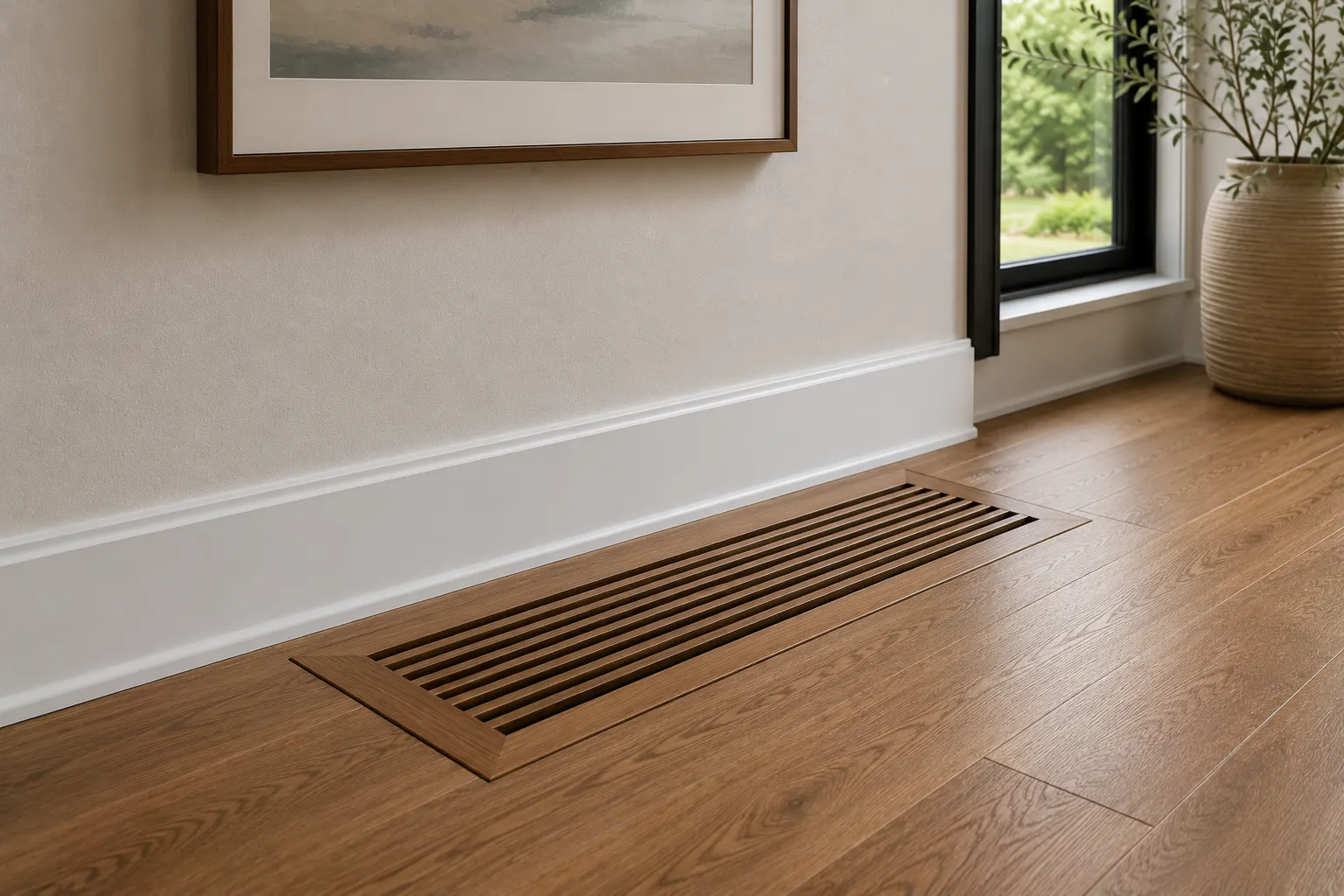 Collection of custom hardwood floor vents in various wood species and finishes