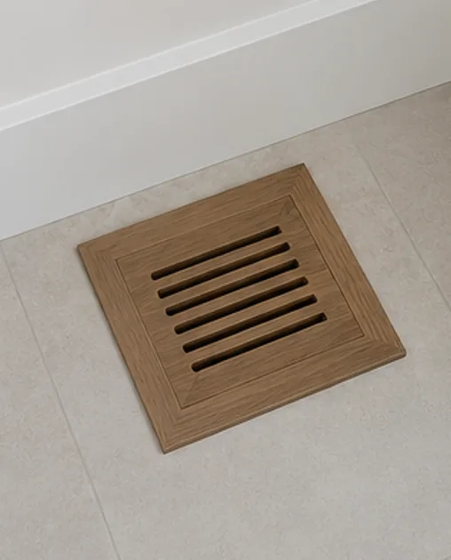 Square wooden floor register with slotted face in dark ebonised finish