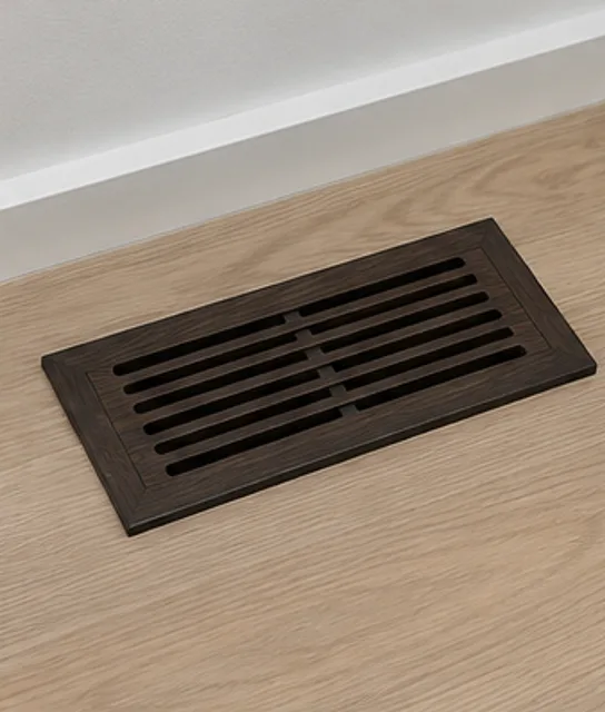 Dark ebonised wooden floor vent with slotted face in smoked oak finish