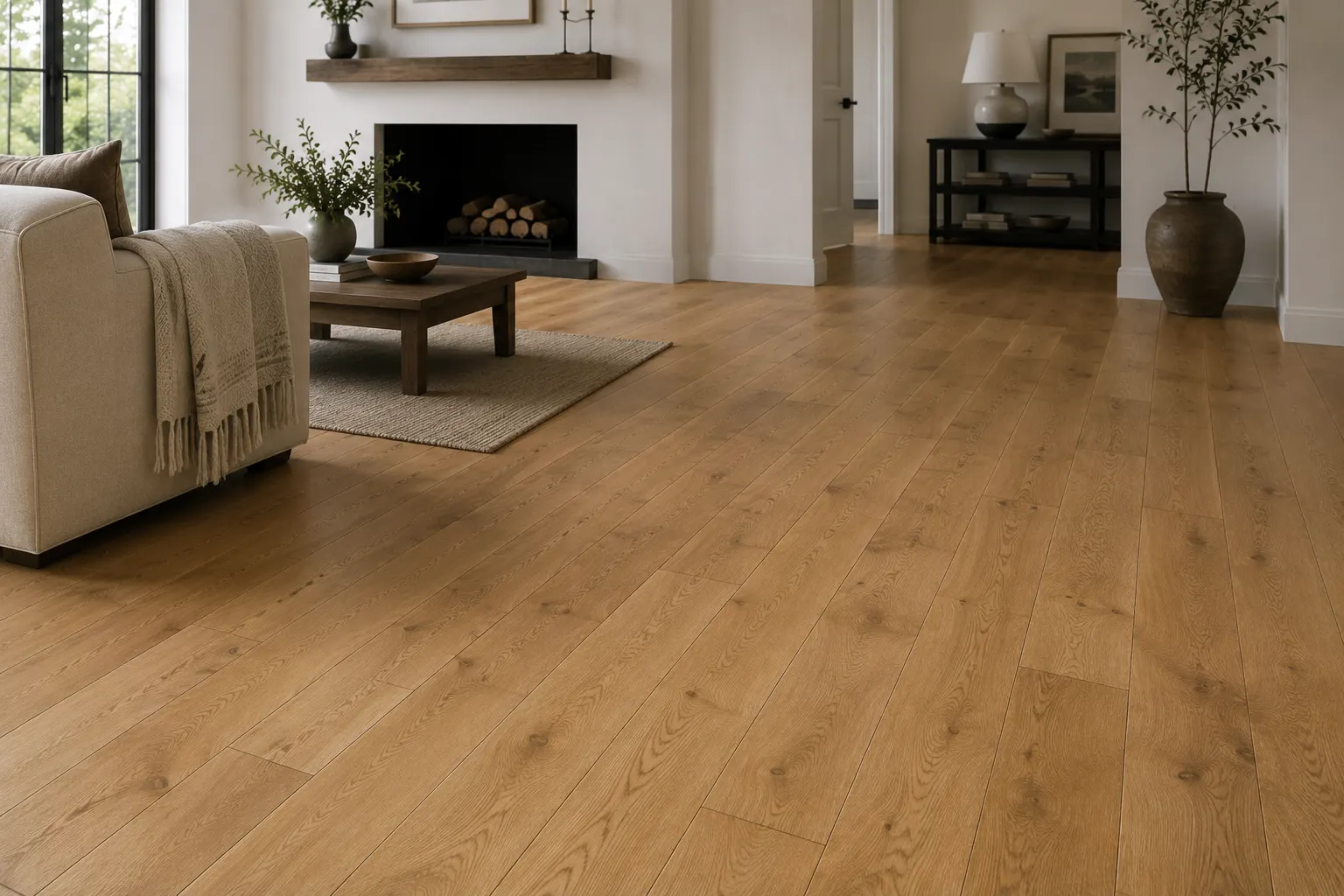 Solid hardwood flooring with wide plank boards in a bright room