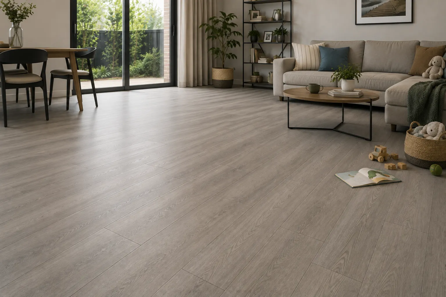 Premium laminate flooring in a family living room