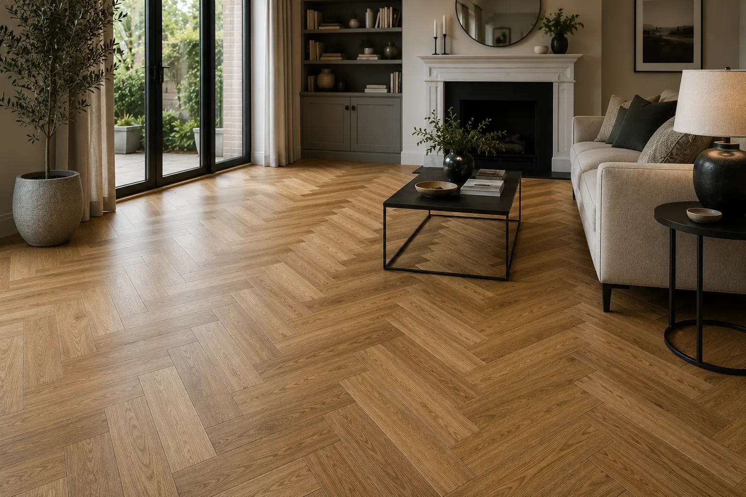 Herringbone parquet hardwood flooring in an elegant hallway