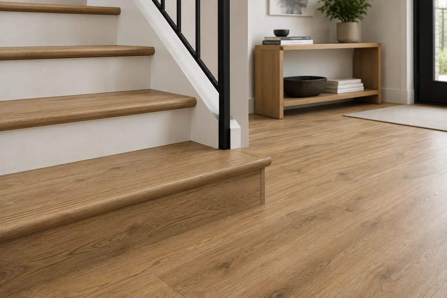 Matching hardwood stair nosing and floor boards for seamless transition