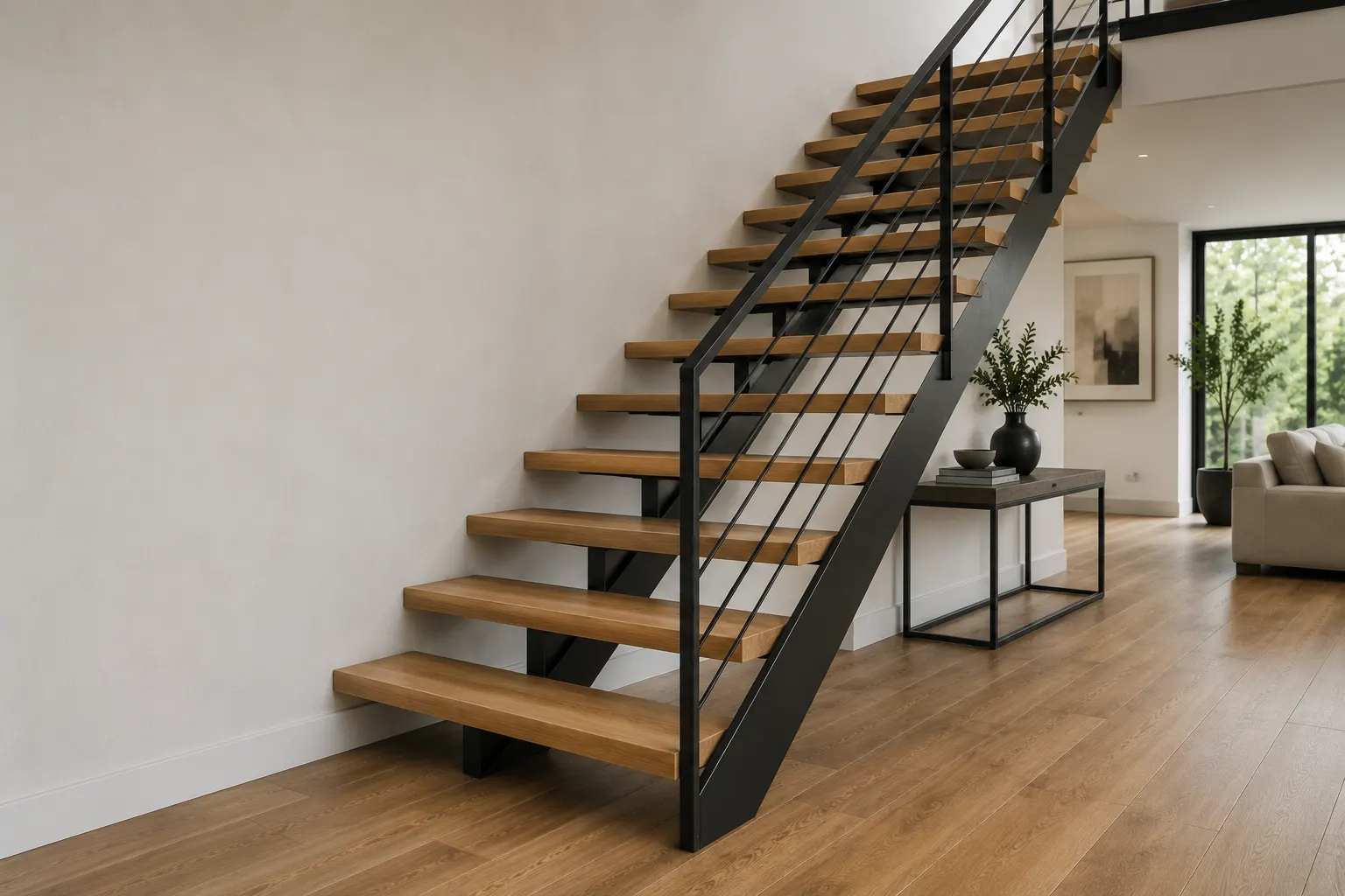 Steel stringer staircase with floating wood treads