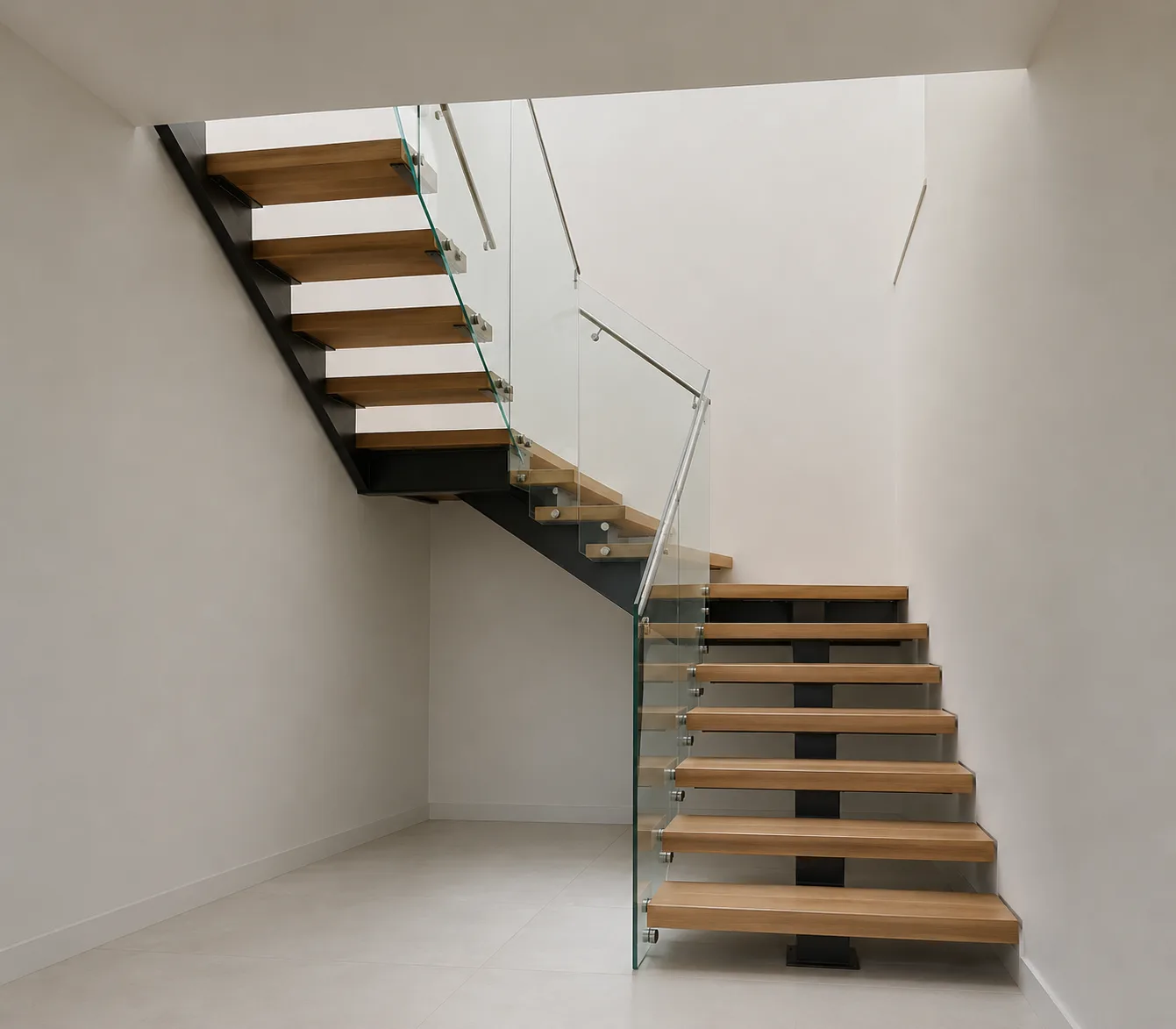 Metal stringer staircase with floating wood treads