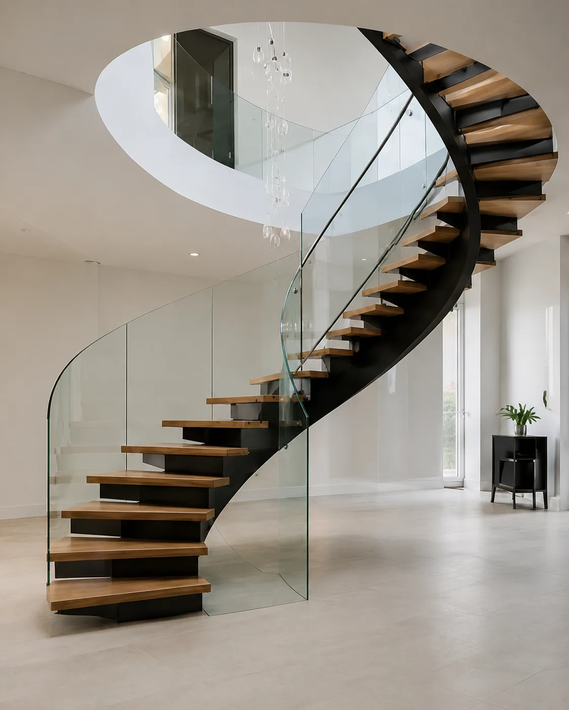 Helical curved metal stringer staircase with continuous arc steel spine