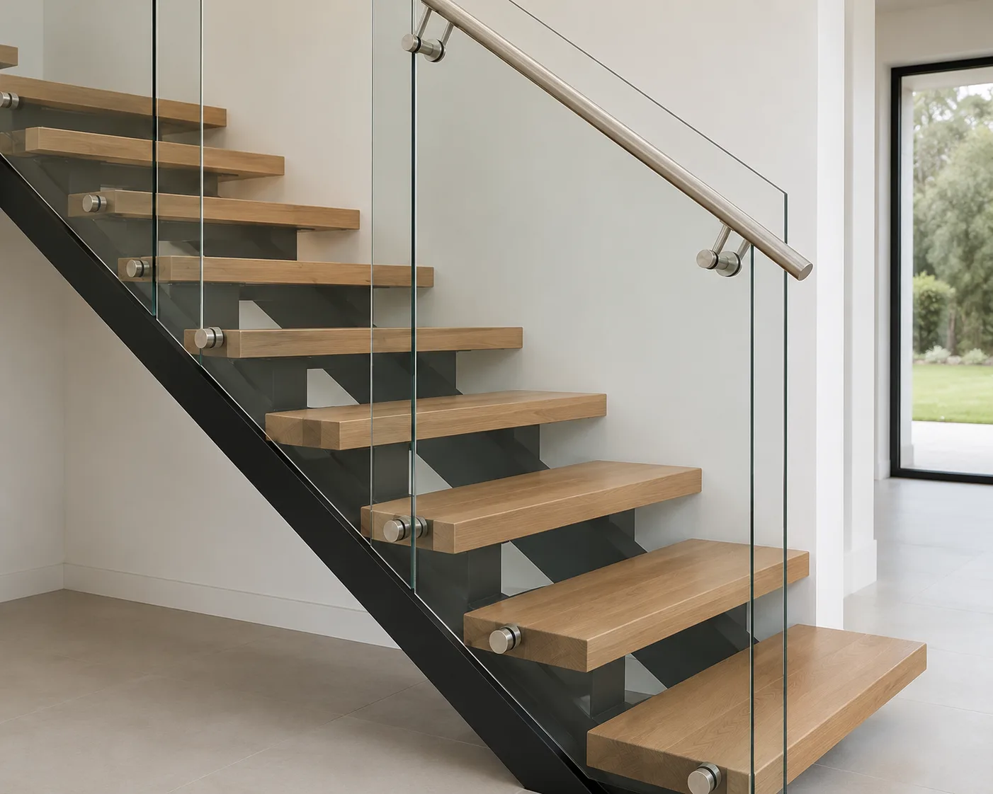 Frameless glass balustrade panels on modern metal stringer staircase