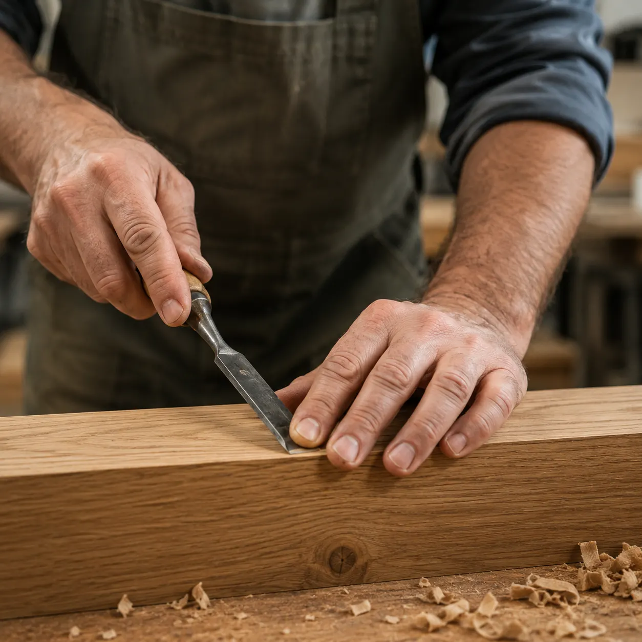 RiseOnStairs master craftsman working on a custom wooden staircase in the workshop