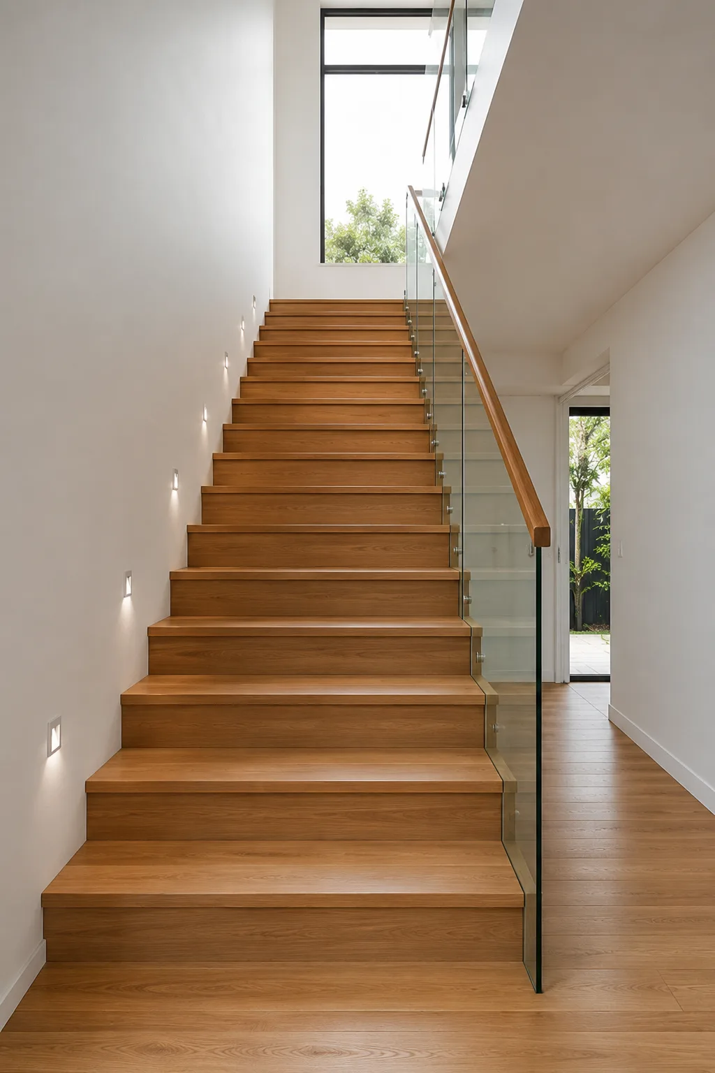 Straight wooden staircase with clean single-flight design
