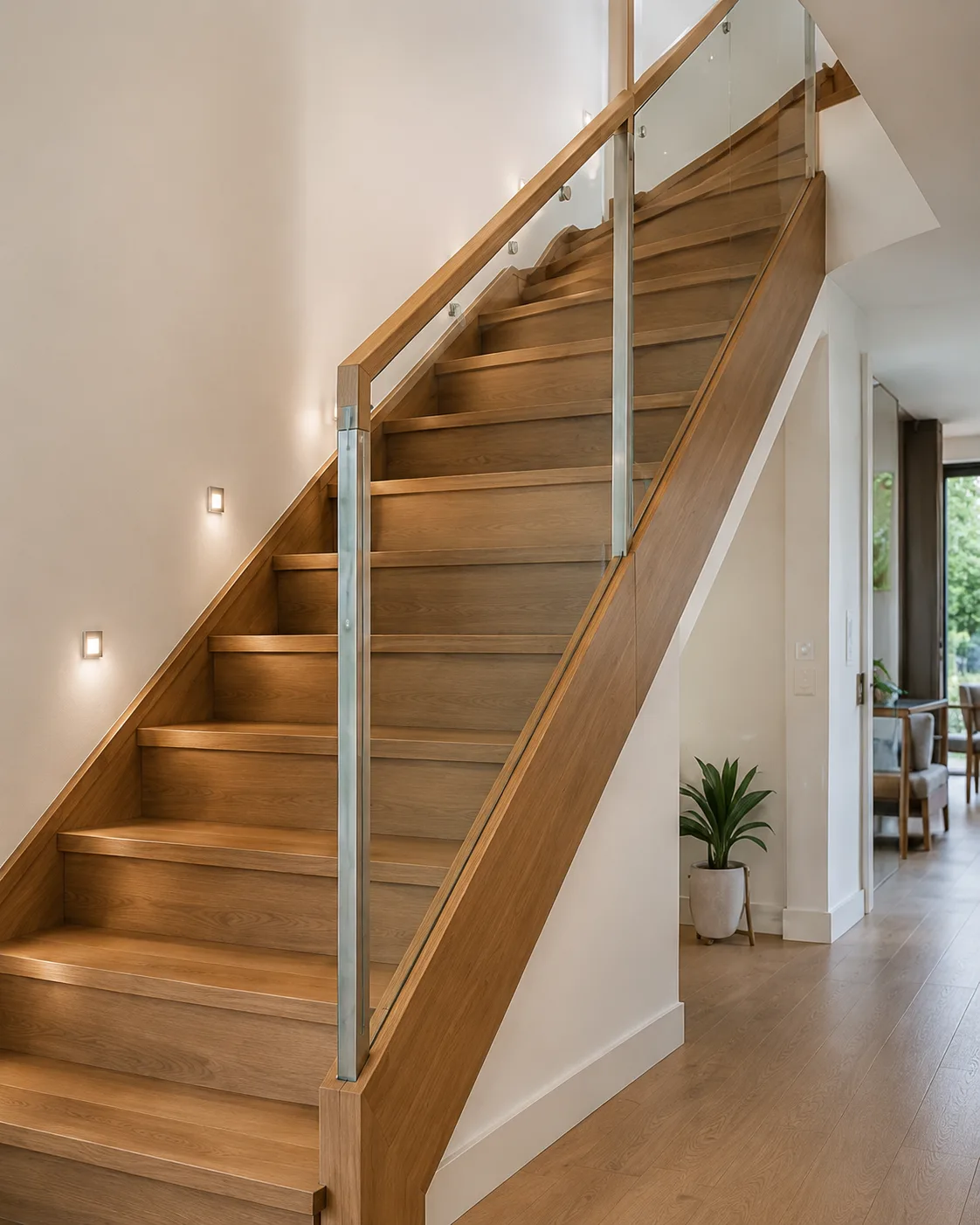 Traditional closed string wooden staircase with fully enclosed timber sides