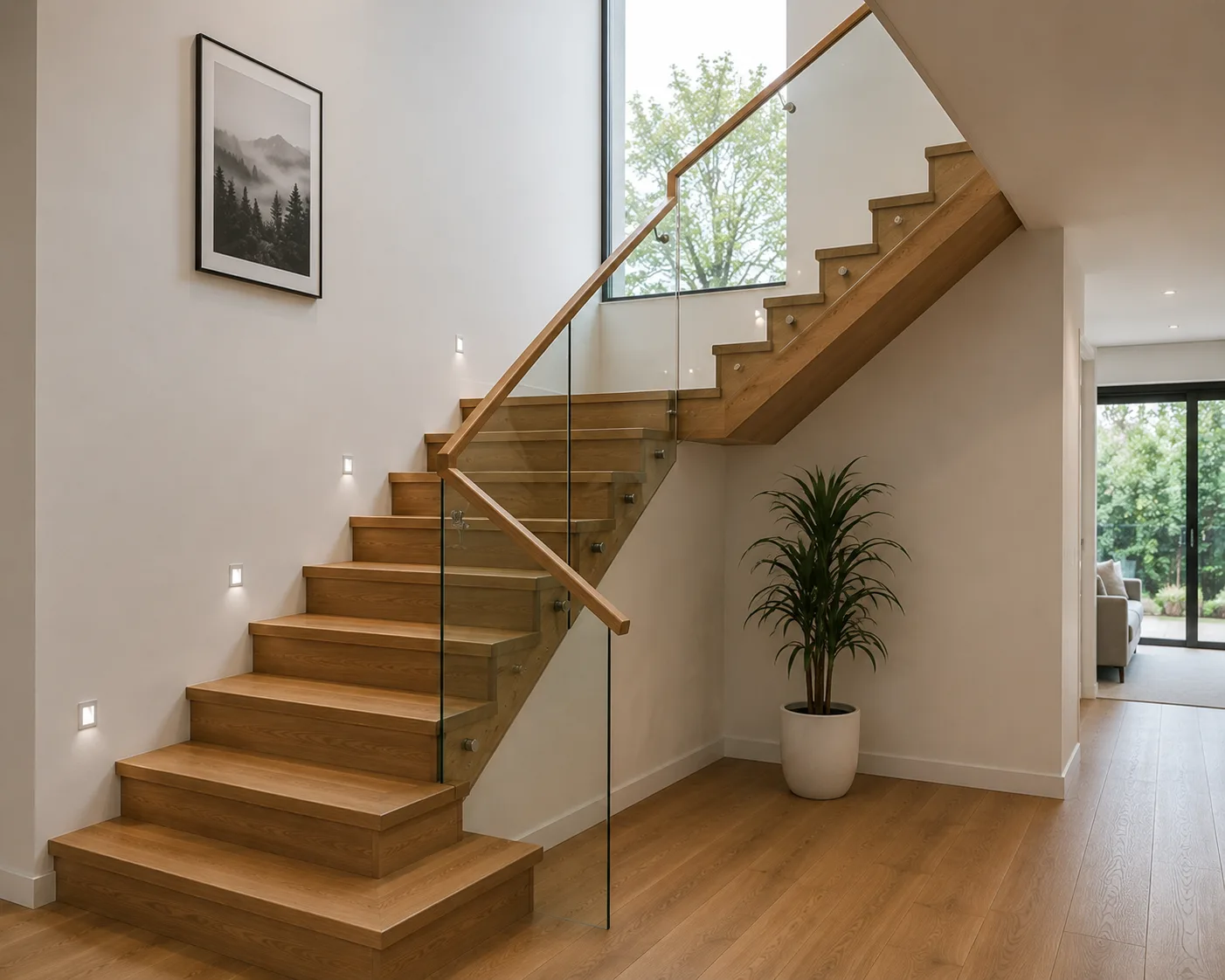 L-shaped quarter-turn wooden staircase at 90 degrees