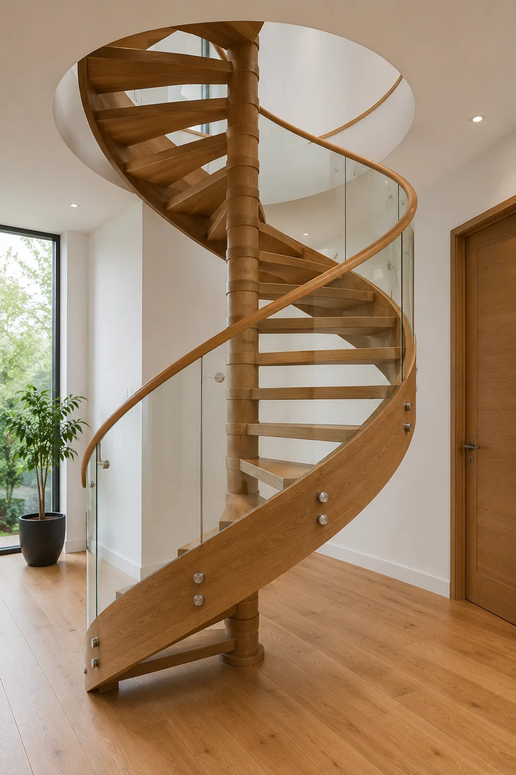 Wooden spiral staircase winding around a central column