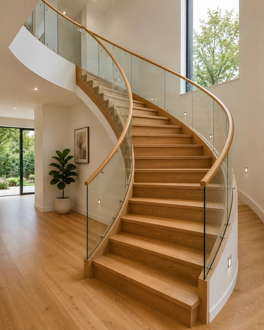 Wooden stringer staircase with solid hardwood treads