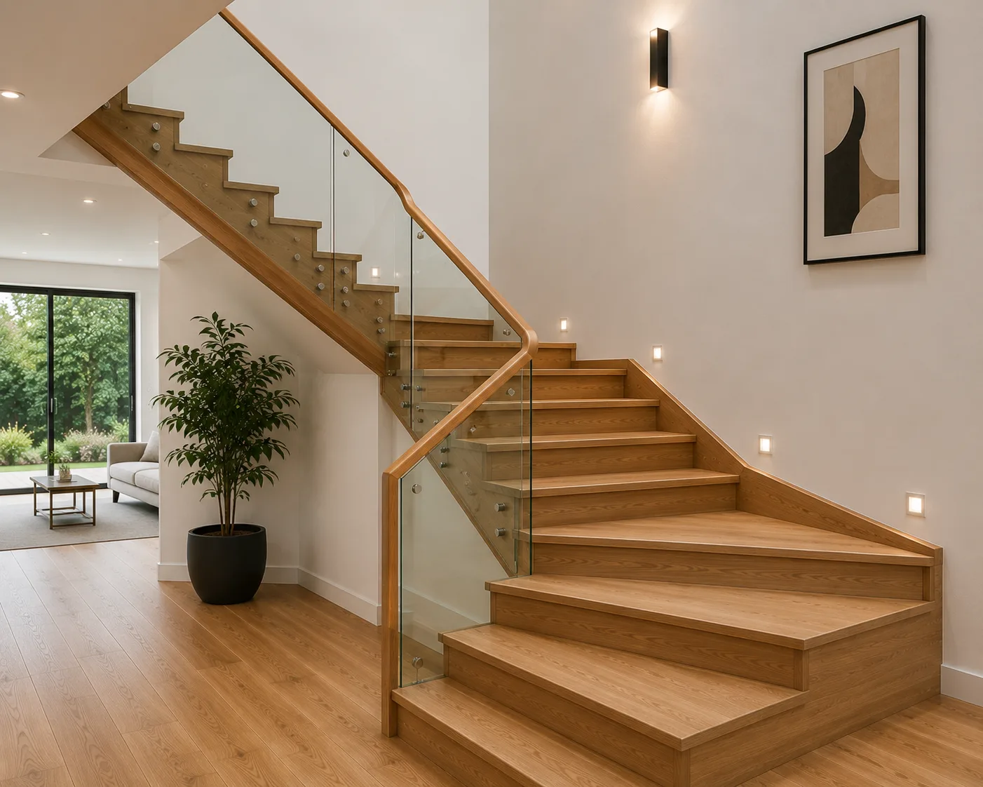 Wooden winder staircase with fan-shaped tapered treads at corner turn
