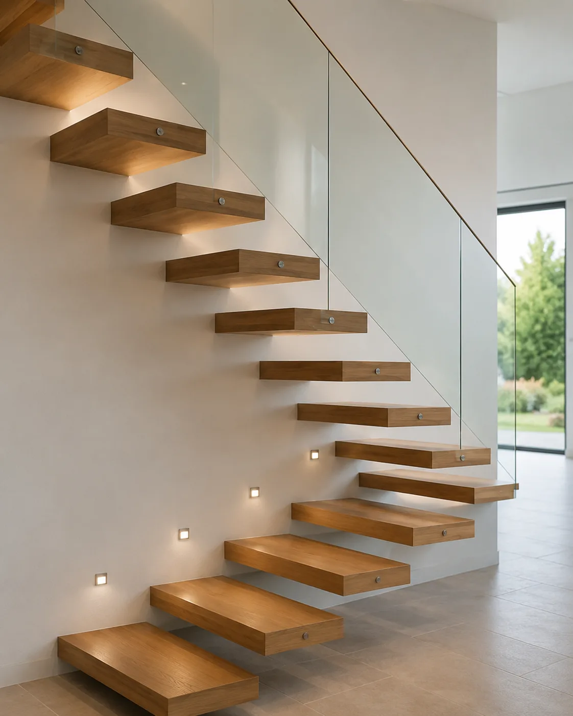Cantilever floating wooden stairs fixed into wall with no visible support